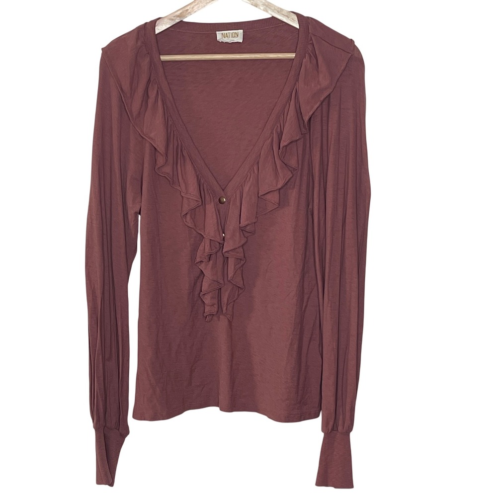 NATION LTD Women's Rose Long Sleeve Ruffle V Neck Button Up Casual Top